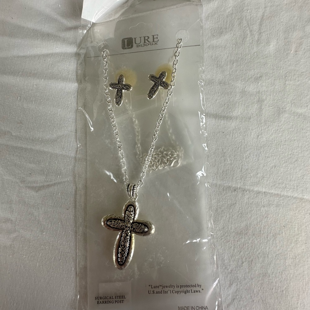 Silver Cross Necklace and Earring Set - Unused